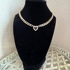 Statement necklace cuban chain heart gold tone 18"